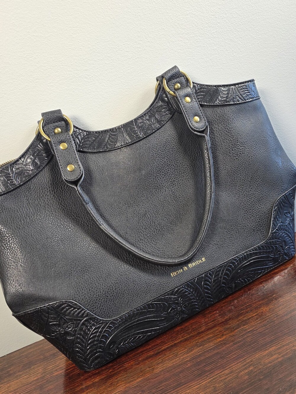 NWT Rein & Bridle Black Western Tote Bag Embossed Floral Shoulder Purse
